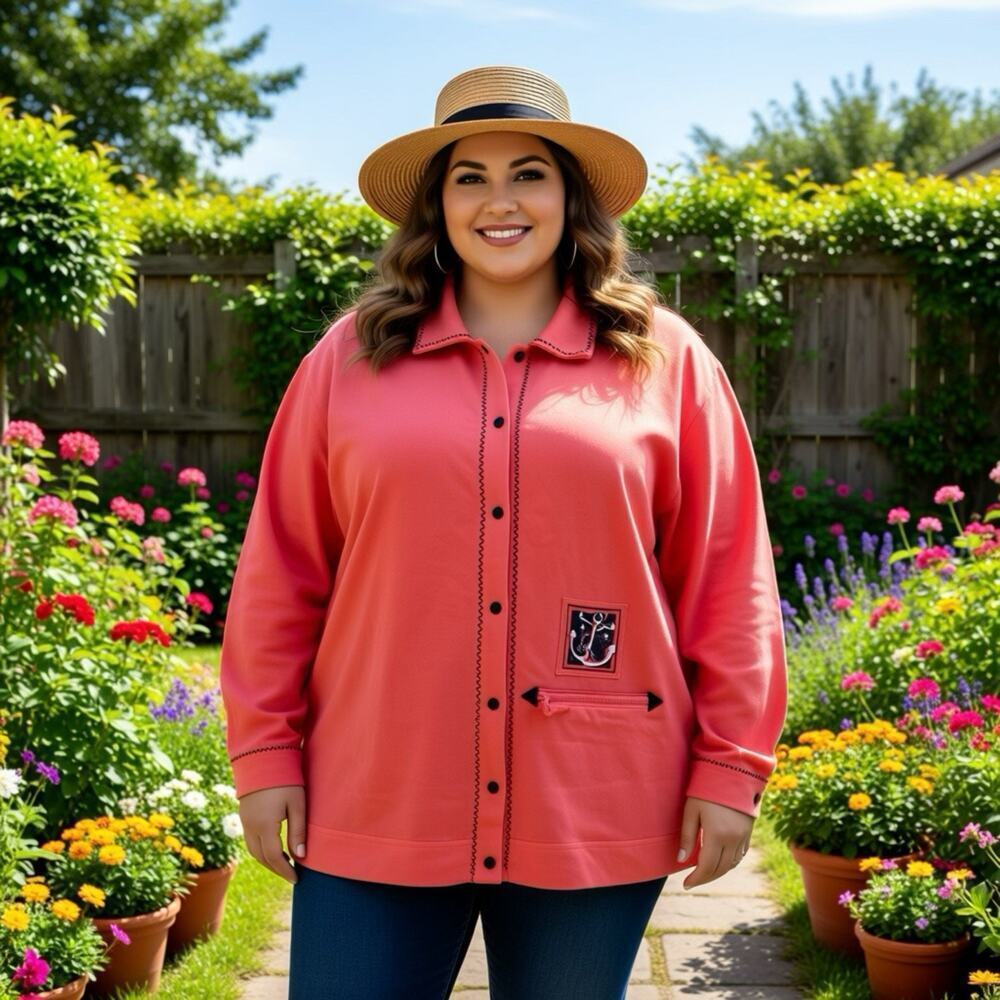 Onque Womans Jacket Plus 2X Cotton Coral Casual Leisure LoungeWear Snap Button